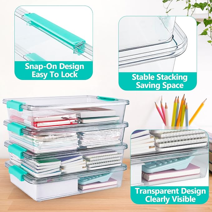 Jeffbaubl 4 Pack Plastic Storage Bins with Lids, 6 Qt, Clear | Art Supply Storage Organizer, Arts Crafts Organizing Containers, Stackable Art Containers for Home Office Supplies