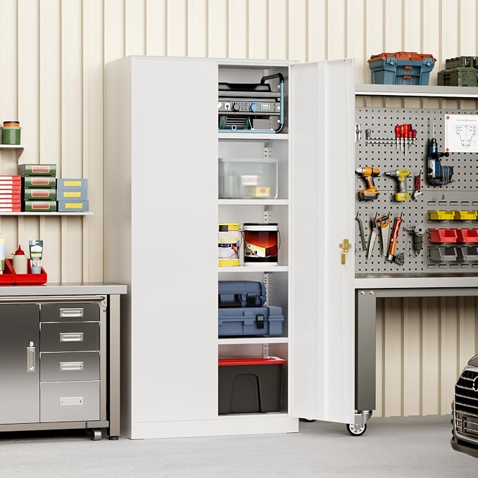 Greenvelly Metal Storage Cabinet - 72" Steel White Cabinet with 2 Doors and 4 Adjustable Shelves, Lockable - Perfect for Garage, Home Office, Pantry