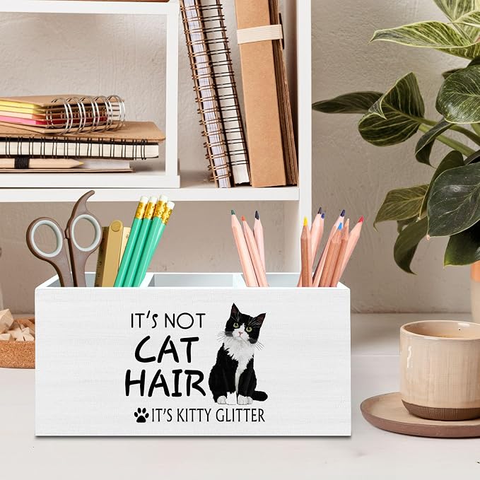 DILSJ Funny Tuxedo Cat Pen Pencil Holder Organizer for Desk, Tuxedo Cat Lovers Gifts for Women Men, Gifts for Pet Lovers, Funny Kitten Wooden Box Signs for Home Office Desk Tabletop Decoration