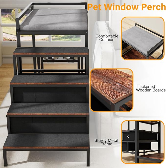 kepptory Dog Window Perch with 360° & Adjustable Raised Feeder, Pet Stairs Ramp with Stairs and Storage, Pet Bunk Bed with Small Pet Step
