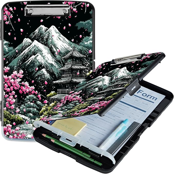 A4 Clipboard with Storage Pen Holder, Clipboards Organizer Nursing Clipboard Foldable File Folder Plastic Clipboard Folio Clip Board for Office Classroom Doctor, Sakura Dark Mountain Range