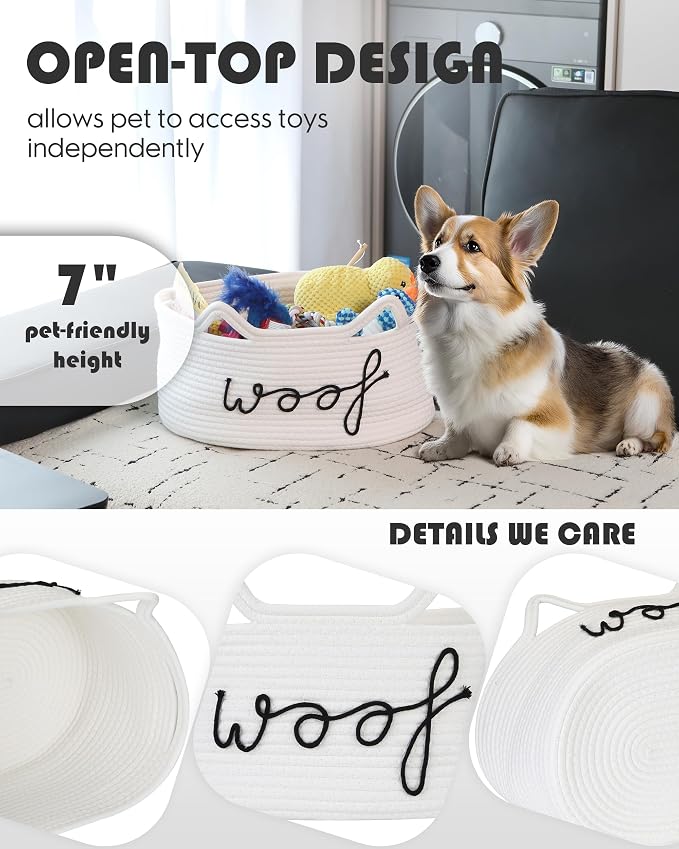 Sea Team Dog Toy Storage Basket with Handles and Ears, White Woof | Large Cotton Rope Storage Bin, Shelf Basket, Organizer for Pet Chew Toys, Foods, 16.5 x 11 x 7 Inches, 4.4 Gallons