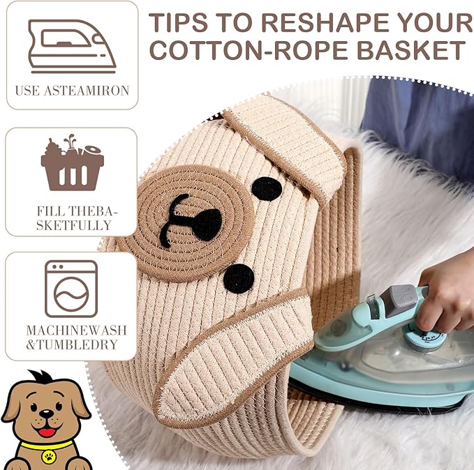 Zopeal Woven Dog Basket with Handles for Toy Storage,Khaki,13 x 8 Inch | Pet Gift Basket, Toys Storage Organizer, Cotton Rope Rectangular Bin, Keeps Puppy Items Organized, Sturdy Handles