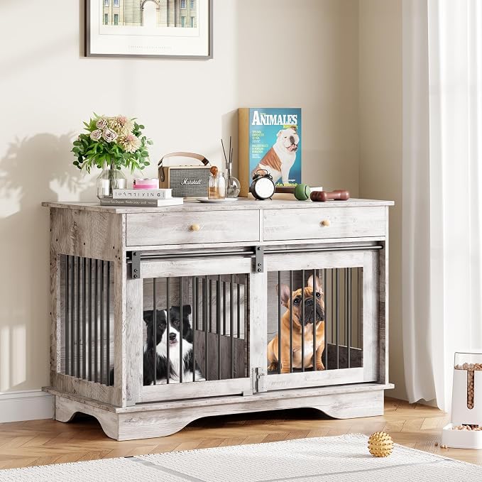 Garvee 47" Large Dog Crate Furniture, Wooden Dog Kennel End Table | with 2 Storage Drawers, Removable Divider & Sliding Door, Heavy Duty Decorative Pet Cage for Small, Medium, Large Breeds