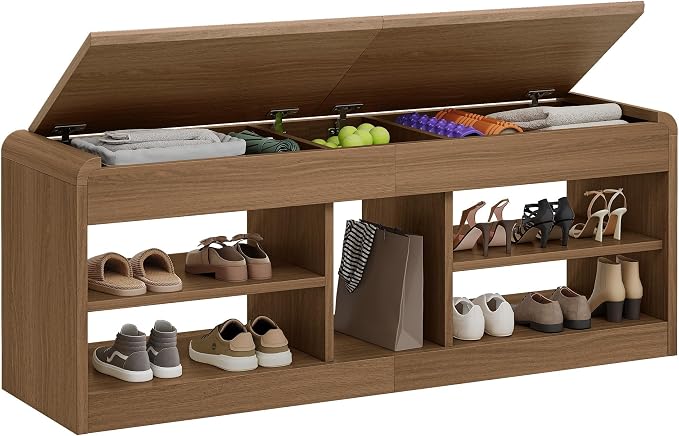 Shoe Storage Bench with Flip-Open Box & Shelf, Walnut | 47.2in Bench Fits Hallways, Bedrooms And Living Room, With Sturdy Wood Construction For Daily Use