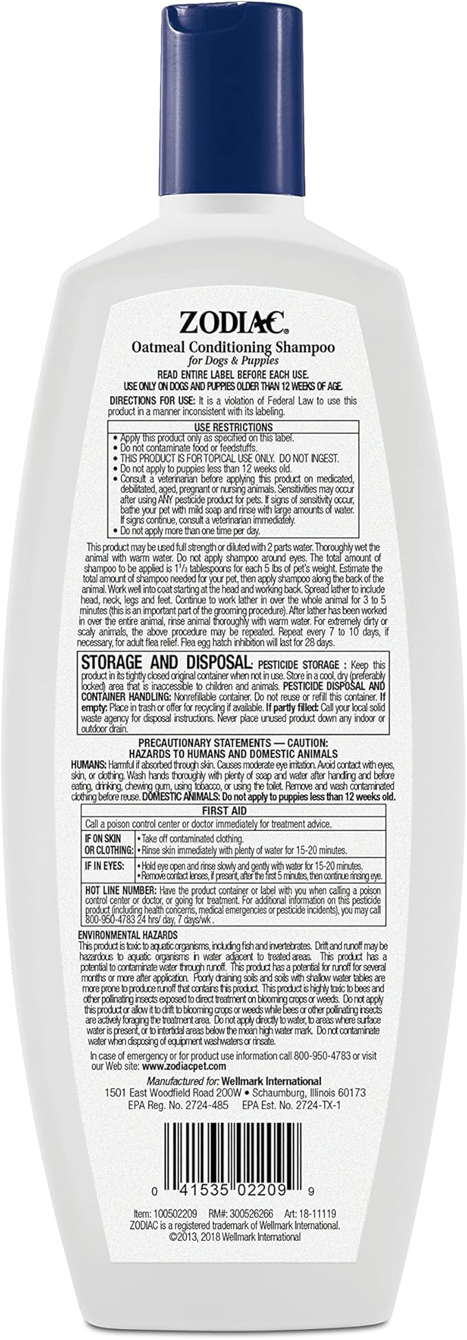 Zodiac Oatmeal Conditioning Shampoo for Dogs & Puppies 18 ounces, Small