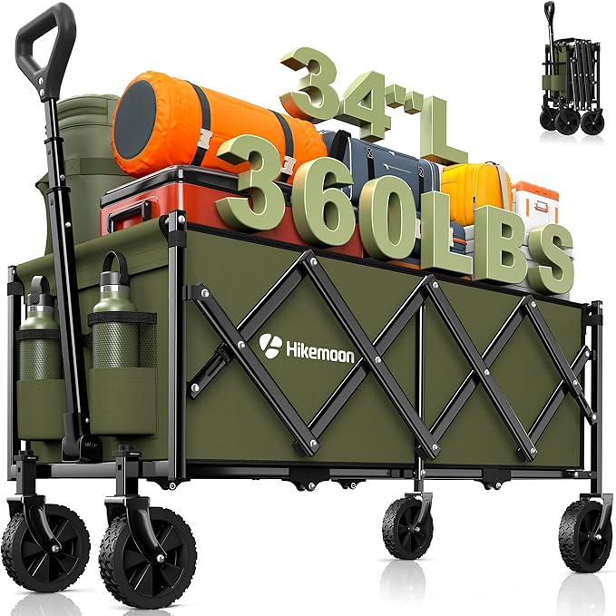 34'' Extra Long Folding Portable Wagon Cart, 120L 360LBS Green | Wagons Carts Foldable, Heavy Duty, Collapsible Compact Storage, Utility for Shopping/Grocery/Garden/Camping/Sports