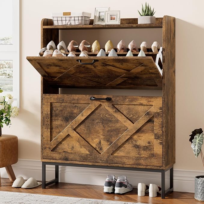 Shoe Storage Cabinet with 2 Flip Drawers, Freestanding Wood Shoe Organizer with Metal Legs, Farmhouse Slim Shoe Rack for Entryway, Foyer, Hallway, Rustic Brown