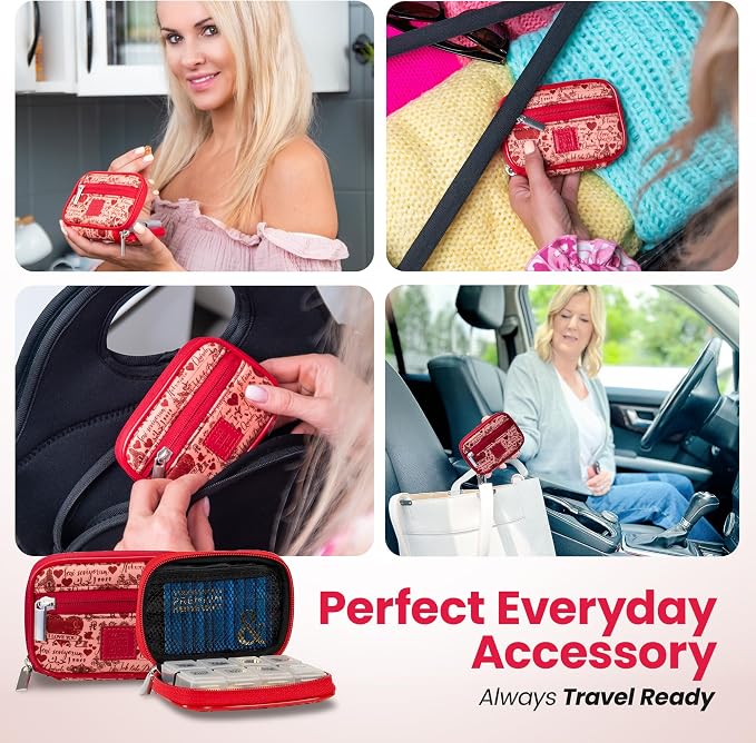 Made Easy Kit Pill Case for Everyday and Travel - 7-Day Weekly Medicine Supplement Vitamin Organizer Sorter Tracker - Neoprene Bag with Pockets - Compact Portable 8 Compartments (Red Love Language)