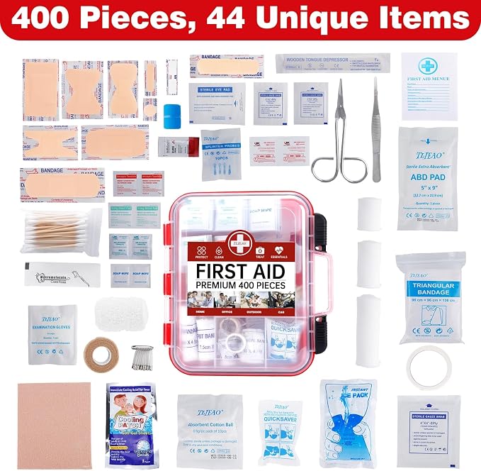 400 Pieces All-Purpose First Aid Kit, Organized Dual-Layer Wall | 100-Person, Professional Medical Kit For Home, Car, Camping, Travel, Office, Outdoor, Business & Sports