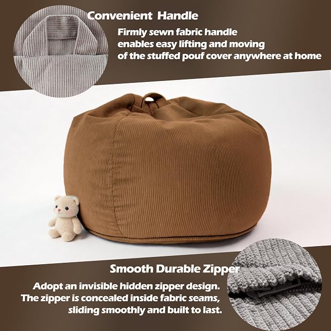 LPMOERA Stuffed Animal Storage Soft Bean Bag Chair Cover No Filler Caramel | Skin-Friendly,Portable,Wide Easy-Load Opening,Hidden Zipper,Decorative Organizer