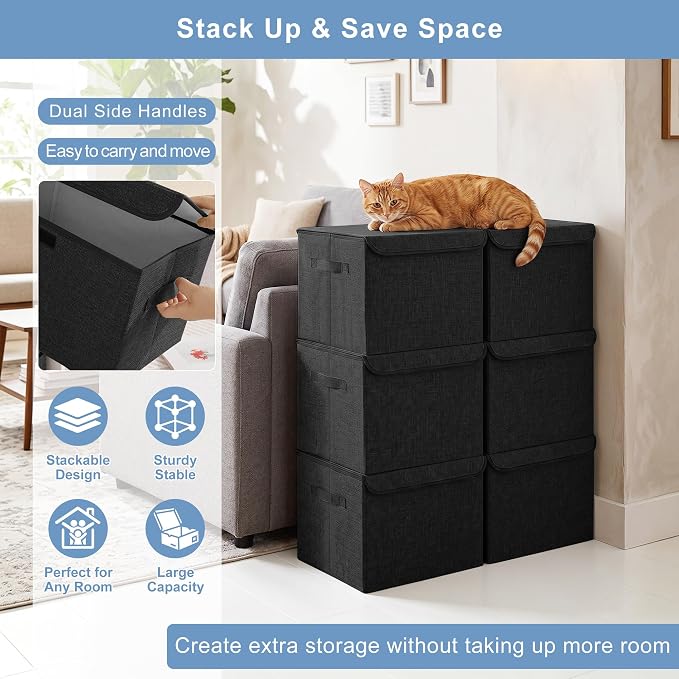 Large 17" 42 Quarts Collapsible Stackable Storage Bins with Lids [3-Pack] Foldable Fabric Linen Storage Boxes Cube, Closet Organizer Baskets with Label (16.7 x 12 x 12, Black)