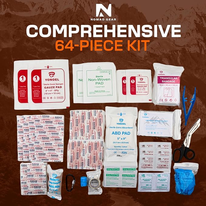 Waterproof First Aid Kit for Camping, Boating, Hiking – 64-Piece Outdoor Emergency Medical Bag with Roll-Top Closure by Nomad Gear