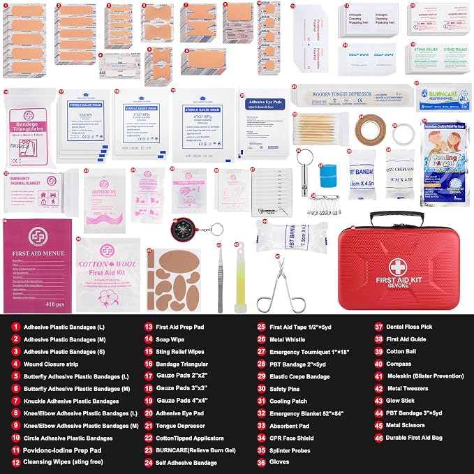 Gevoke 410 Piece Waterproof Hard Shell First Aid Kit, Red | For Home, Car, Travel, Camping, Truck, Hiking, Sports, Office, Vehicle & Outdoor, Emergency Medical Kits