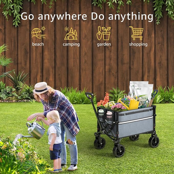 ROSONG Collapsible Wagon Cart with Wheels Foldable - Folding Utility Heavy Duty Wagons Carts for Grocery Sports Garden Shopping Camping Grey