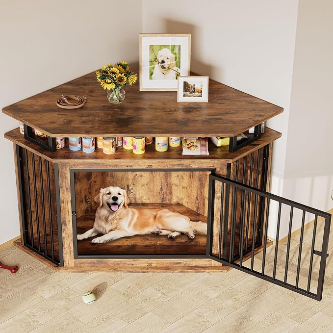 IRONCK 51" Large Corner Dog Crate Furniture with 2-Tier Storage Shelves | 10mm thickened iron frame. 2-tier shelves and 200 lb top. Space-saving design. 26.7" L x 51.2" W x 33.5" H. Rustic Brown