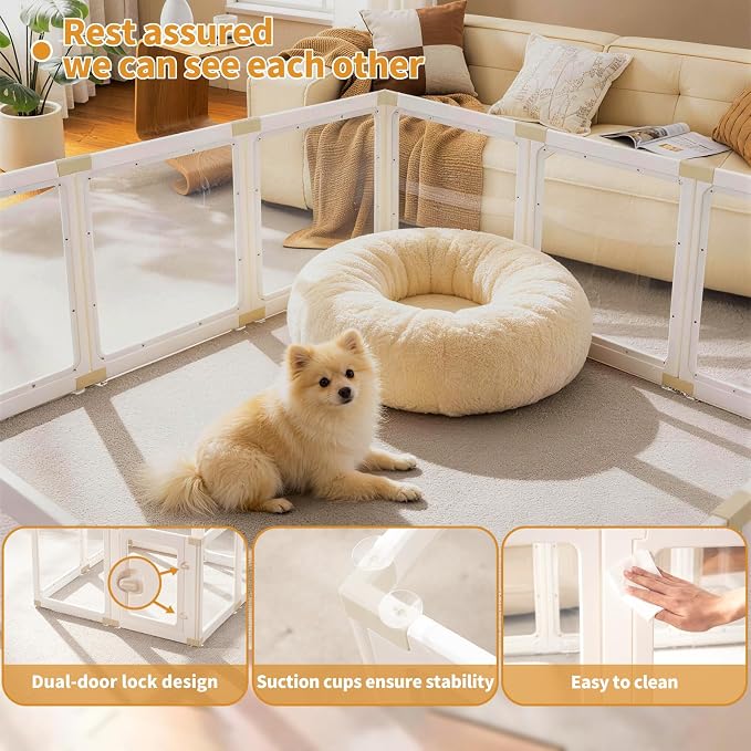 Acrylic Dog Playpen Indoor for Small Dogs & Puppies | 2 Rooms Clear Pet Playpen, Easy Clean & Assemble, Modern No-Bar Design, Escape-Proof & Sturdy, 23.6", 16 Panels, White