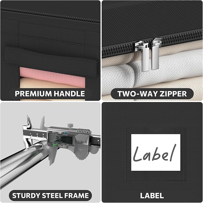 CYhom 3Pack Frame Storage Box - Clothes Storage Bin Bags Oxford Fabric Foldable Stackable Container Organizer Set with Clear Window & Carry Handles (Black, X-Small-36L)