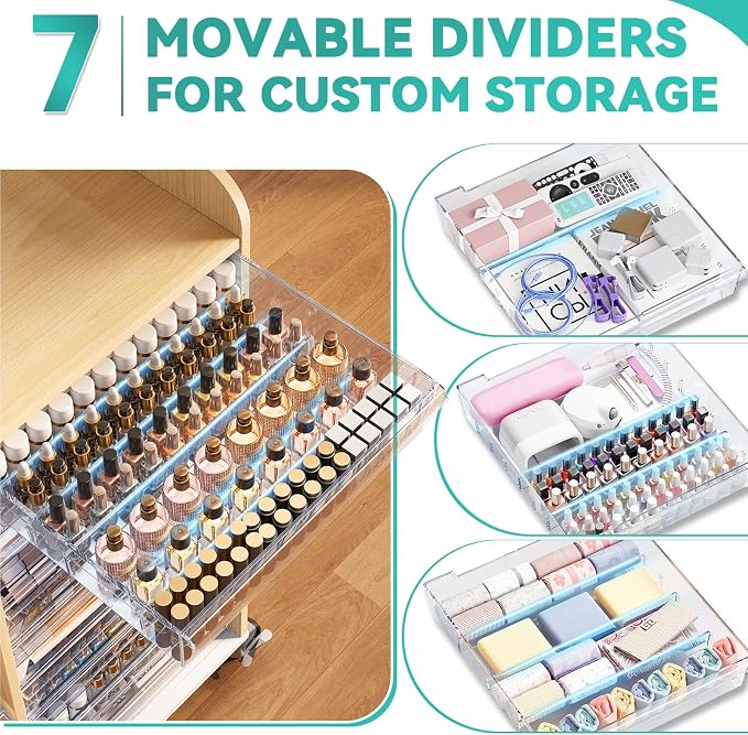 12-Drawer Storage Cabinet with Wooden Top,Open Shelf, Wood Grain | Storage Furniture System with PET Clear Drawers, Lockable Wheels, for Craft Room, Makeup Vanity, Kids & Home Organization