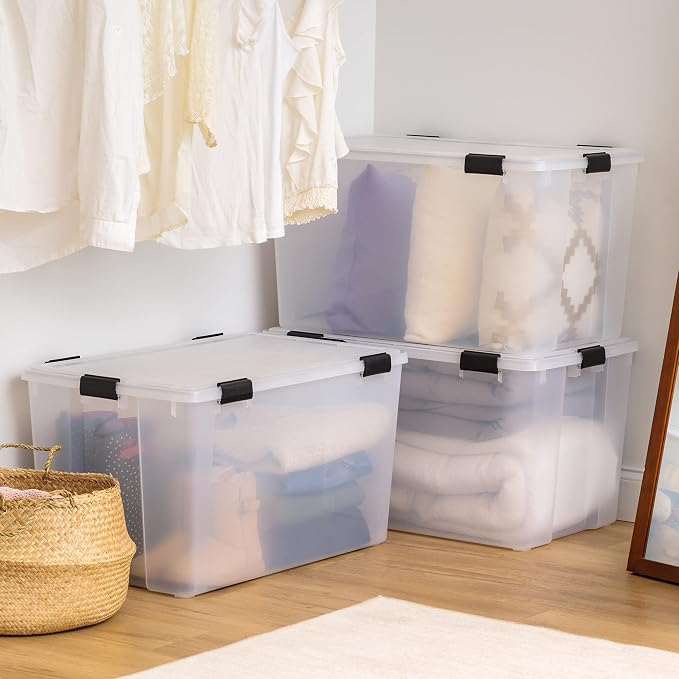 IRIS USA 3-Pack 156 Qt Storage Bins with Gasket Lids, Clear/Black | WeatherPro seal helps protect bulky items for moving, garage, attic and basement storage