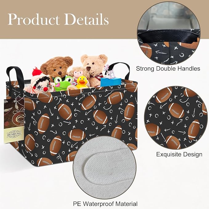 Rectangle Foldable Storage Basket Handles For Home, Rugby | Waterproof canvas material, reinforced handles, perfect for shelf use, organizes clothes, daily items and pet supplies
