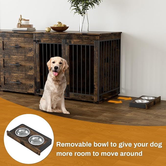 OUYESSIR 94.5" Double Dog Crate Furniture for Medium Large Dogs, Brown | Extra large dog kennel fits 2 Medium or large dogs, 3 Storage Drawers, 4 removable Stainless steel dog bowls, Solid Wood