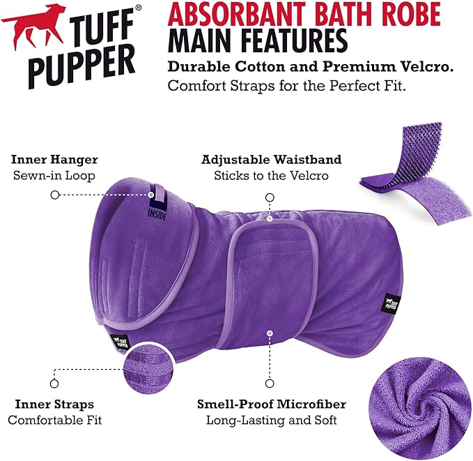 Tuff Pupper Fast Drying Dog Bath Robe | 800 GSM Plush Dog Towel Bathrobe/Dressing Gown | Super Absorbent Pet/Puppy Bathrobe | Adjustable Hood & Belly Strap | Super Soft | Fast Drying (S, Purple)
