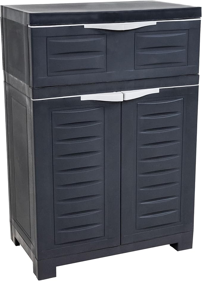 Sunnydaze 34.5" Garage Storage Cabinet with Adjustable Shelf, Charcoal | Heavy Duty Resin Storage Cabinet Resists Rust & Peeling, Utility Cabinet with Drawer & Anti-Tip Kit for Laundry, Office