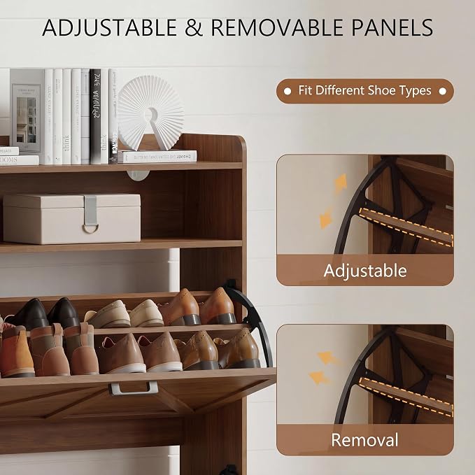 Xixini Shoe Storage Cabinet with 2 Flip Drawers, Entryway Shoe Rack, Walnut | Freestanding Narrow Shoe Storage, Hidden Slim Wood Shoe Organizer, Modern Farmhouse, Open Storage & Hooks for Closet, Hallway