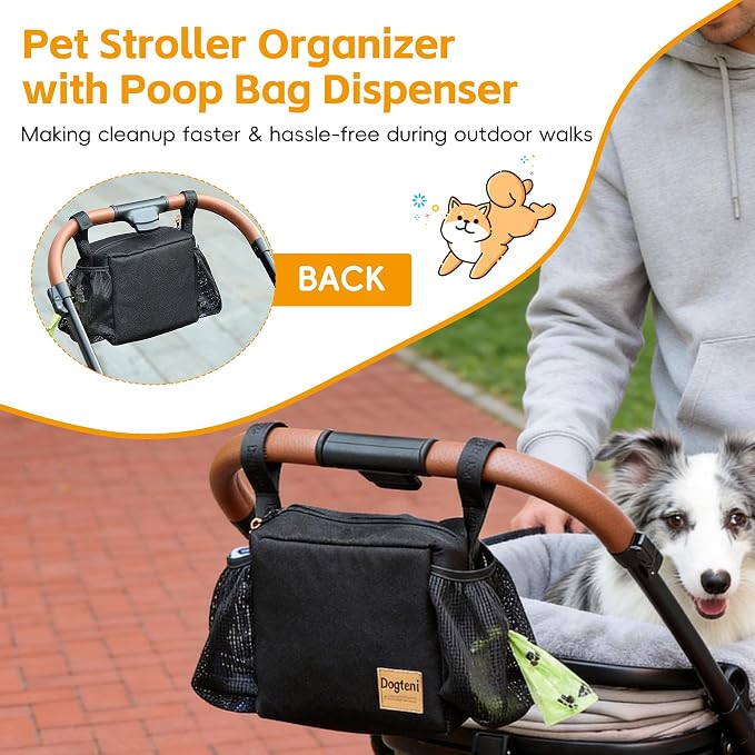 Dog Stroller Caddy Organizer Bag, Pet Stroller Caddy Handle Bag with Poop Bag Dispenser, Treat Pocket, Water Bowl, Large Non Slip Zipper Stroller Pouch for Dog Mom Walk,Travel,Indoor,Outdoor (Black)