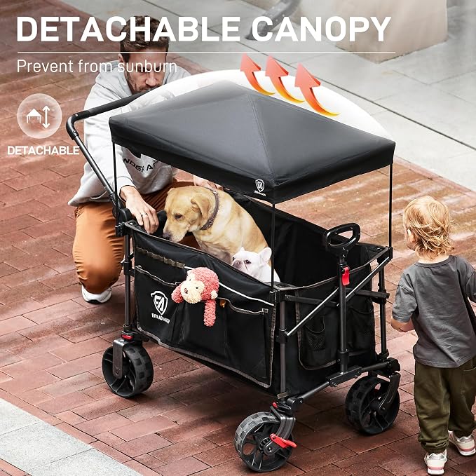 EVER ADVANCED Folding Push Wagon with Canopy, Shopping Cart with Brakes | Portable Collapsible Wagon Cart with All-Terrain Big Wheels for Camping, Beach, Sports