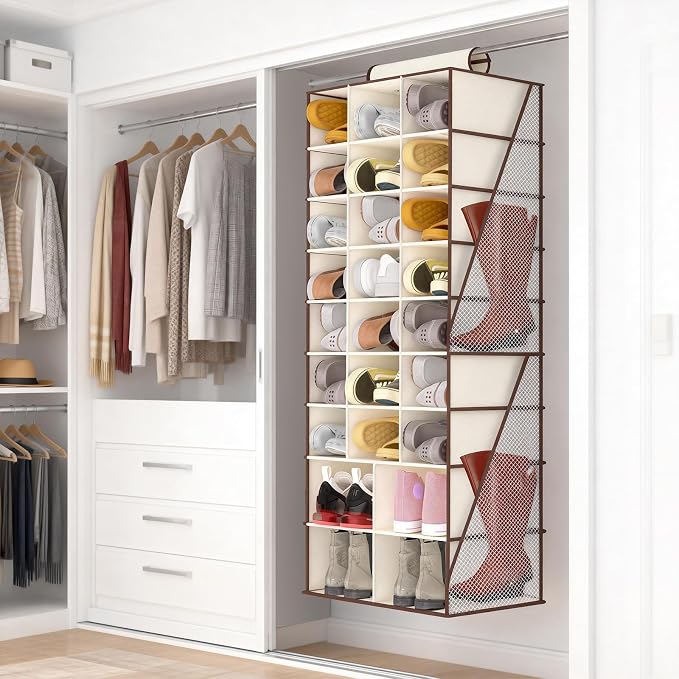 Hanging Shoe Organizer for Closet-Collapsible Storage Rack with 25 Sections & 4 Side Pockets, Hanging Shoe Shelves for Hats,and Clothes, Beige