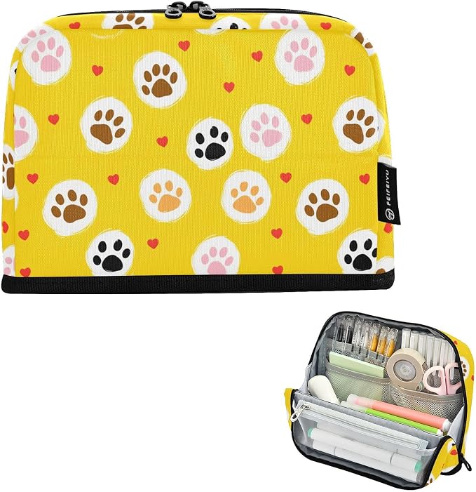 Aslsiy Large Capacity Pencil Case Cute Pet Paws on Yellow (1) Pencil Pouch for Boys Girls Portable Pen Bag Organizer Standing Makeup Bag for School Office Supplies