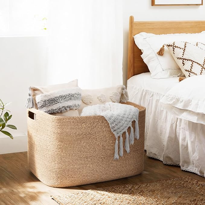 Extra Large Blanket Basket, 108L Rectangle Blanket Storage for Living Room, Woven Cotton Rope Stuffed Animals Storage, Kids Dog Toy Basket Bin Box, Throw Pillow Holder Organizer, 25"x16"x16"