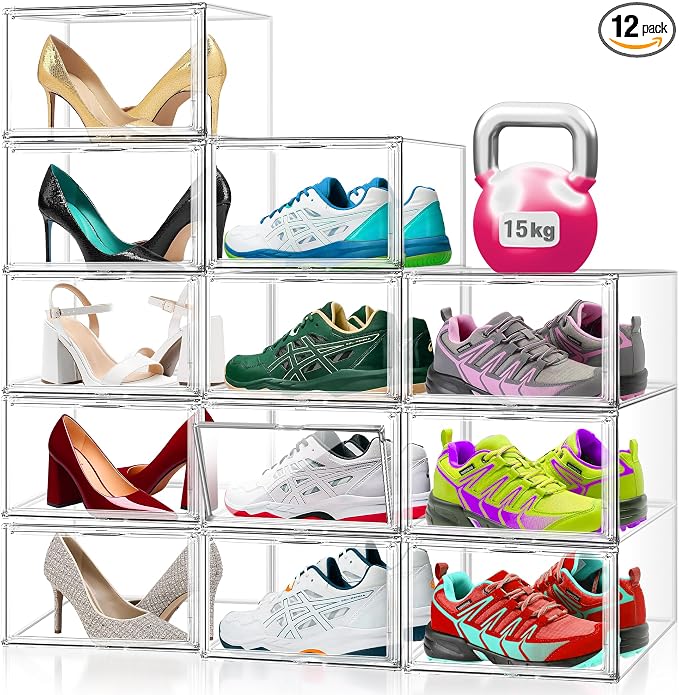 12 Pack Acrylic Clear Shoe Storage Boxes, Fits Up to Men's Size 12 | Transparent Display Case for Sneaker Collections, Baseball Caps, Hat Organizer Dust-free Shoe Cubbies Stackable Sneaker Boxes