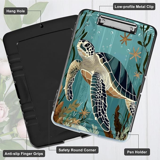 A4 Clipboard with Storage Pen Holder, Clipboards Organizer Nursing Clipboard Foldable File Folder Plastic Clipboard Folio Clip Board for Office Work Classroom Doctor, Retro Turtle Ocean
