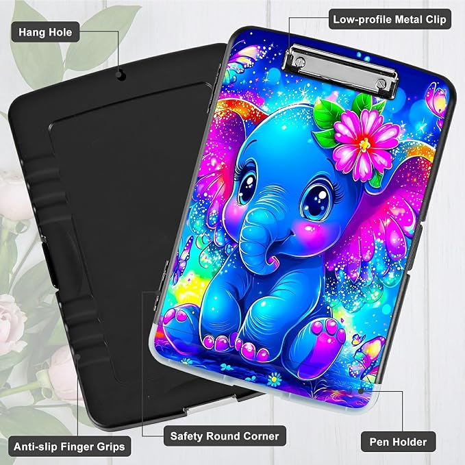 Blue Elephant Flowers A4 Clipboard with Storage Pen Holder, Clipboards Organizer Nursing Clipboard Foldable File Folder Plastic Clipboard Folio Clip Board for Office Students Classroom