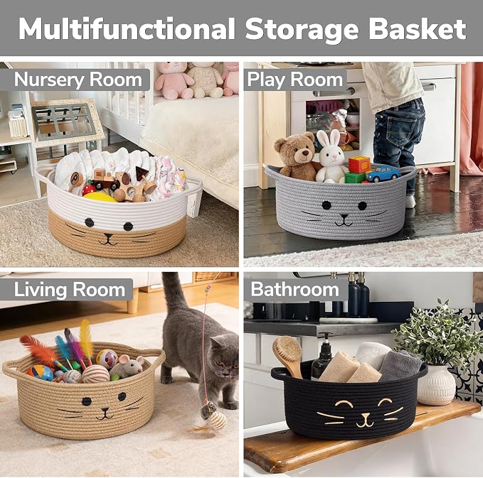 Medium Woven Rope Cat Toy Basket with Cat Face, Black | 13.8" x 6" Cat Toy Storage Bin for Living Room & Nursery, Boho Gift Basket Empty with Sturdy Handles, Cozy Cats Bed