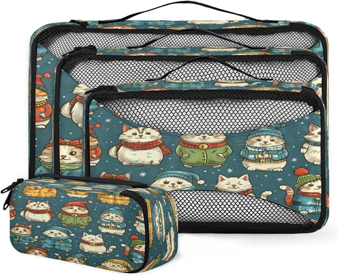 Packing Cubes for Travel, Christmas Winter Cat Travel Luggage Packing Organizers for Women Men, Large Custom Toiletries Bag for Cosmetics Toiletries, Japanese Cat