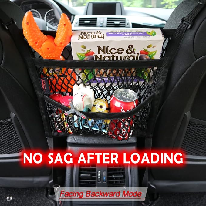 Car Organizer Between Front Seats, Purse Holder, Dog Barrier, Mesh Net Bag | AMEIQ Car Accessories, 3 Layers Net 2 Pockets Storage Bag, Purse Handbag Holder, Backseat Kid Pet Barrier, Black, Patented