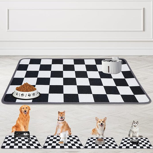 PUPTECK Dog Food Mat, Absorbent Pet Cat Feeding Mat for Food and Water Bowls, Anti-Slip Dog Placemat for Floors Waterproof, Pet Supplies Accessories, Black & White Checkered S