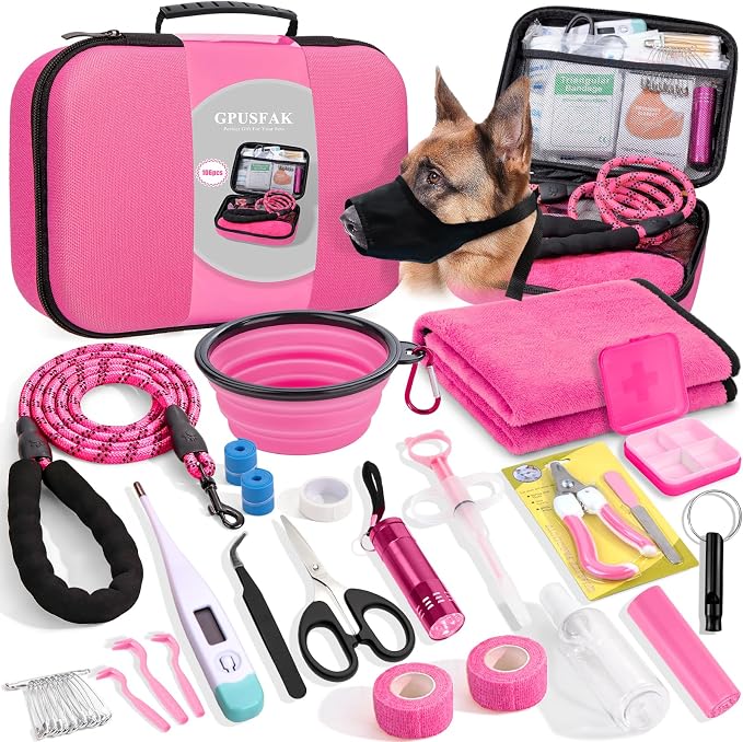 Pet First Aid Kit for Dogs - Pet Emergency Kit for Camping Hiking Traveling Hunting and Sports (Pink)