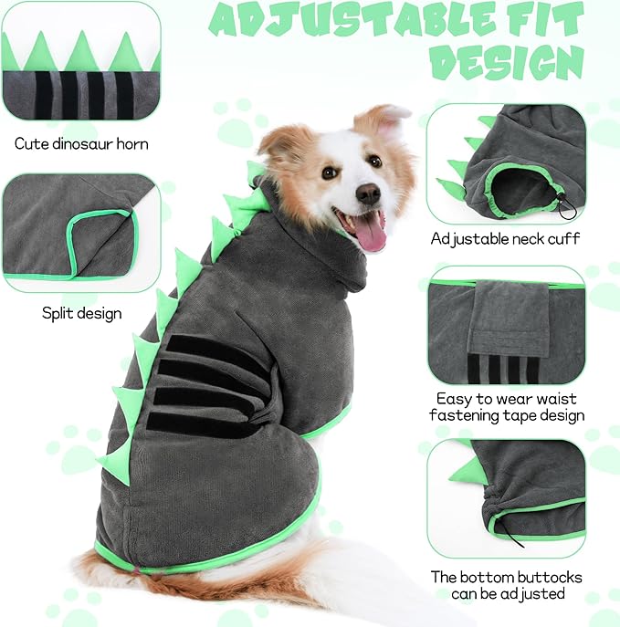 Super Absorbent Dog Bathrobe, Microfiber Bath Robe Towel for Fast Drying, Cozy Fit, Adjustable Belly Strap, Unique Dinosaur Design Dog Drying Coat for Bath, Rainy Walks & Cold Weather