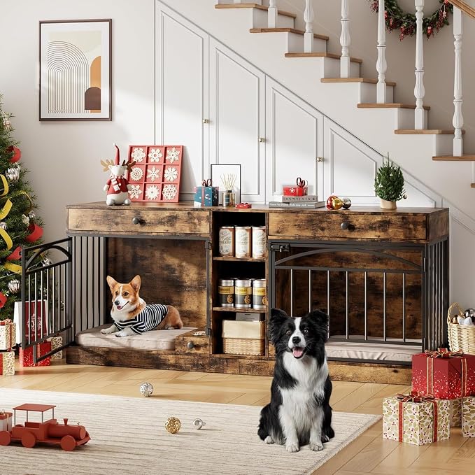 Dog Crate Furniture for 2 Dogs, Double Dog Crate TV Stand, Brown | 78.7'' Large Dog Kennel Indoor, 2 Storage Drawers, 3 Shelves and Feeding Bowls, Pet Kennel for Small and Medium Dogs