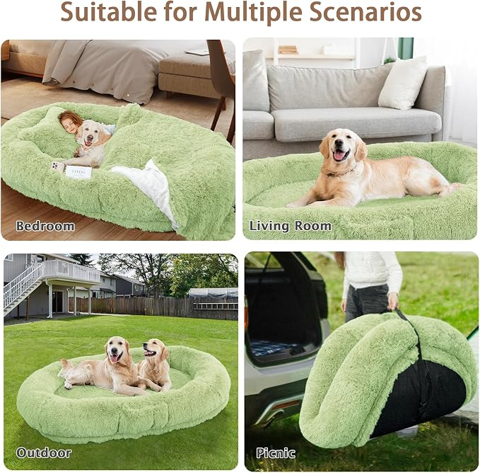 ROOMTEC Human Dog Bed, 78''x51''x12'' Size Fits Adult and Pet Washable Giant People Bed 10 CM Thick Memory Foam Large Oversize Pet Bed with Plump Pillow, Blanket, Strap - Green