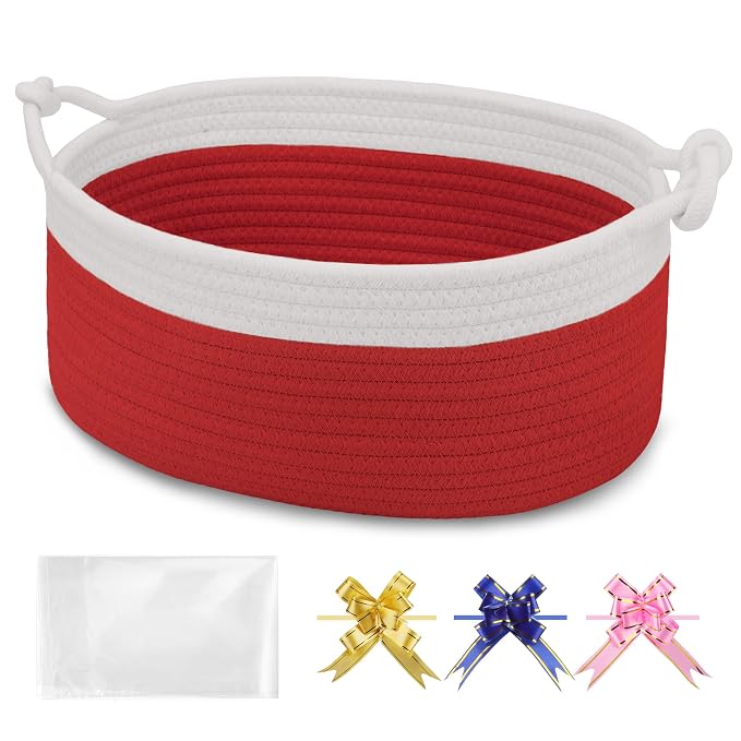 Small Empty Gift Basket with Bag & Ribbons, White & Red | 12“x8”x5”, Cotton Rope Woven Basket for Birthdays, Baby Showers, Mother's Day, Christmas; Stores Small Items, Kids & Pet Toys