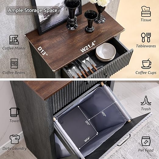 IFGET Tilt-Out Trash Can Cabinet, Fluted Laundry Hamper Cabinet, Dark Gray