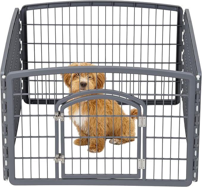 IRIS USA 4-Panel Dog Playpen, Pet Enclosure, Gray | Puppy Training, Custom Pen Configuration, Multi-Shape Setup, Flexible Boundary, Secure Door Latch, Stable Non-Tip Base