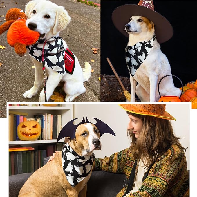 Halloween Dog Bandanas Black Ghost Spooky Costumes, Extra Large Pet