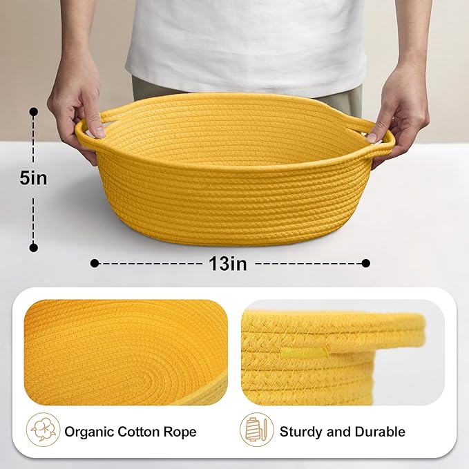 Yellow Woven Basket, 13" x 9" x 5" Baskets for Gifts Empty, Cute Cotton Rope Cat Dog Toy Bin Box, Small Woven Bin for Organizing, Yellow Room Decor, Nursery Cloth Diaper Storage Organizer